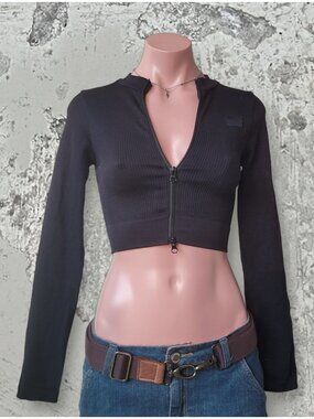 Sommer Jet Black Ribbed Athletic Zip-Up Crop Jersey Top (S)